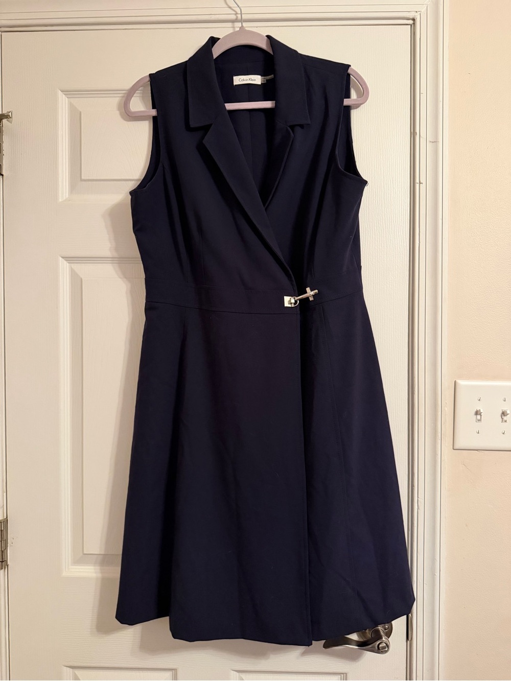 Calvin Klein Sleeveless Navy Wrap Dress with Gold Clasp